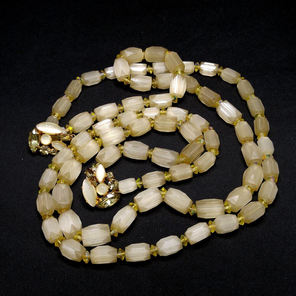 1960s Czech Satin Glass Two Strand Necklace with Jonquil Rhinestone Clasp